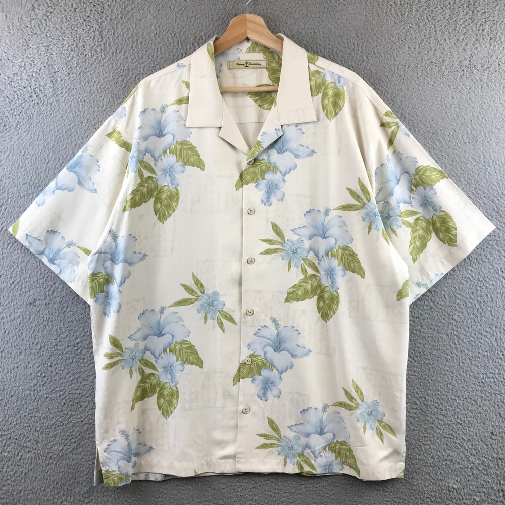 Tommy Bahama Mens Silk Short Sleeve Button Up Shirt‎ XL Blue Hibiscus Print